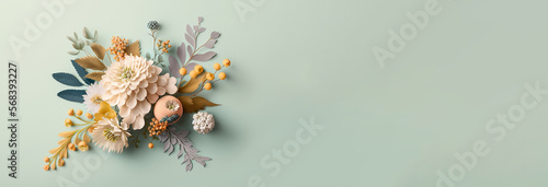 Beautiful flower arrangement digital art with copy space. Flat lay, top view. Wedding, birthday or mothers day. Generative Ai technology.
