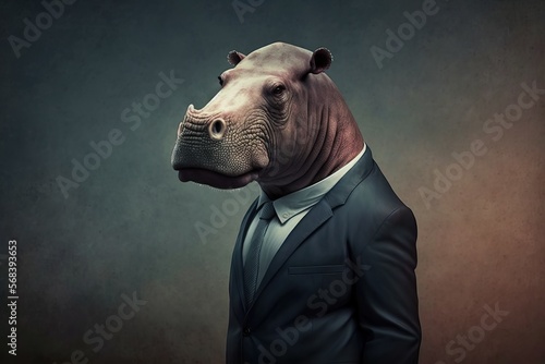 Portrait of a Hippopotamus in a business suit ready for action.