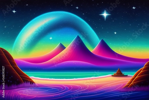 a drawing of a dreamlike landscape of an ocean  and stars in a night sky  in the style of adventure time concept  Generative Ai