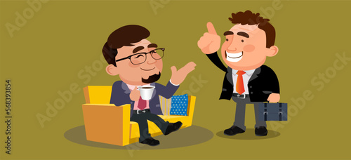 Business people or colleagues sitting together and drinking coffee or tea having nice chat