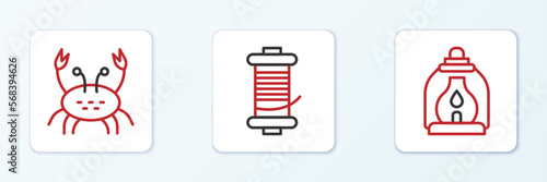 Set line Camping lantern, Crab and Spinning reel for fishing icon. Vector