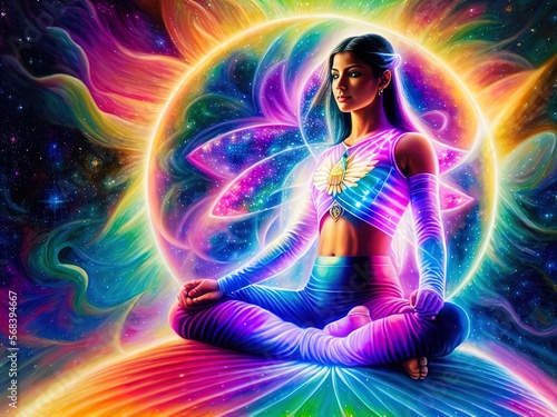 Synthwave illustration of person doing yoga. Made with Generative AI.