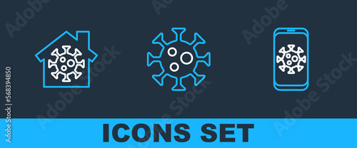 Set line Virus statistics on mobile, Stay home and icon. Vector