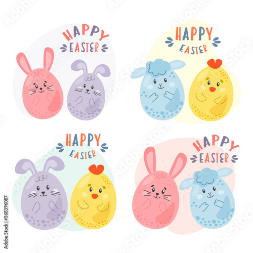Happy Easter. Cute compositions with eggs, bunnies, rabbits, flowers for decoration design, spring and easter greeting cards and invitations. Easter lettering and hand drawn elements.