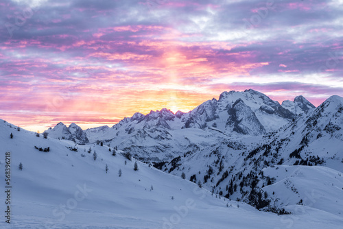 beautiful winter sunset over mountain Marmolada in the Dolomites.