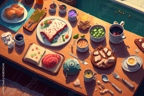 View from above of a variety of delectable foods being served on a wooden table in the kitchen during a morning continental breakfast. Generative AI