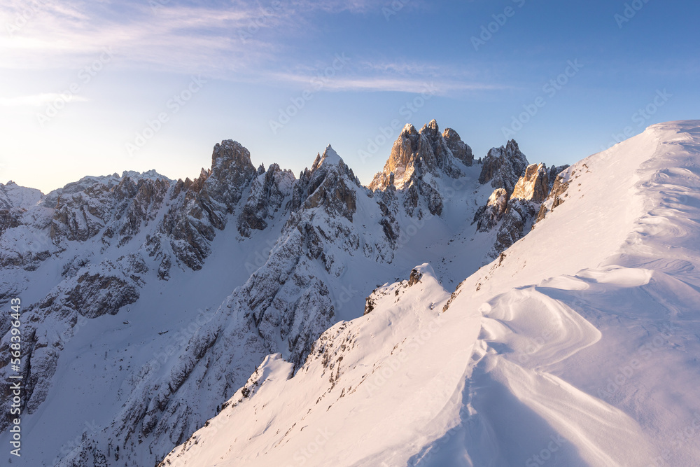snow covered Dolomites mountains in winter