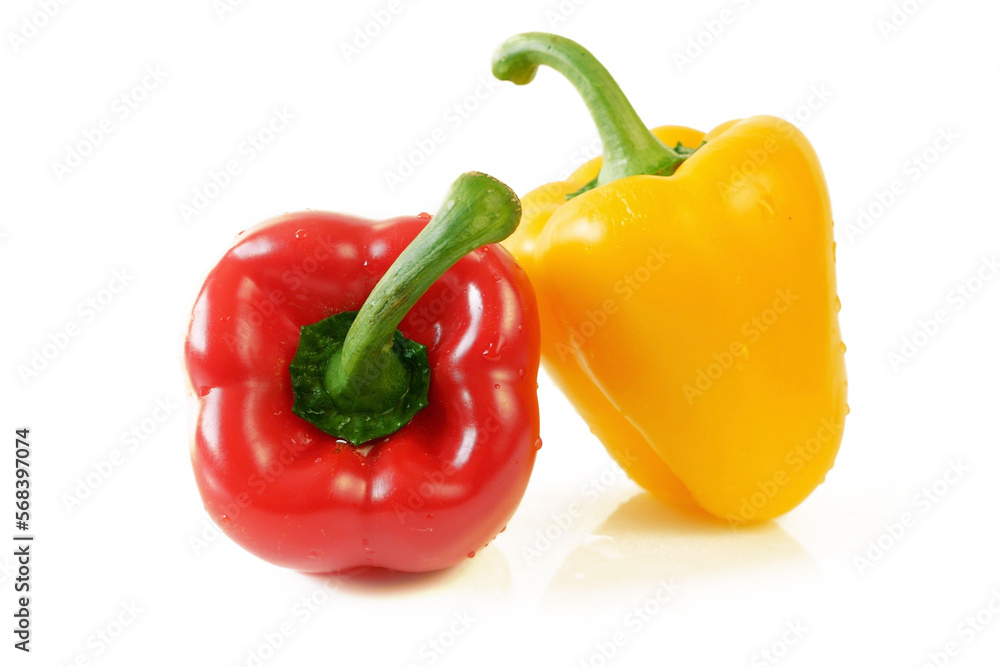 yellow and red bell peppers set isolated on white background, sweet peppers collection. yellow and red bell peppers set isolated on white background, sweet peppers collection.