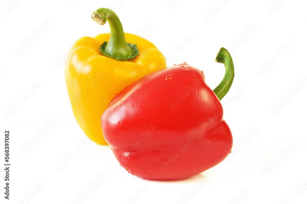 yellow and red bell peppers set isolated on white background, sweet peppers collection. yellow and red bell peppers set isolated on white background, sweet peppers collection.