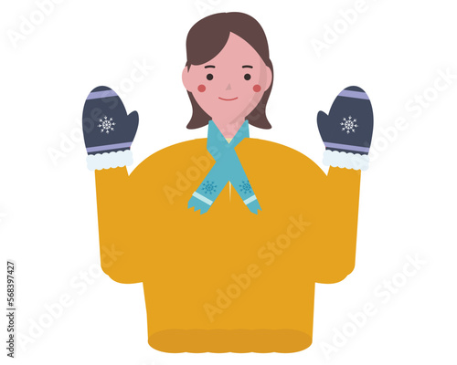 温かい服装で防寒対策をする女性。冬のファッションと笑顔の人物。ベクターイラスト