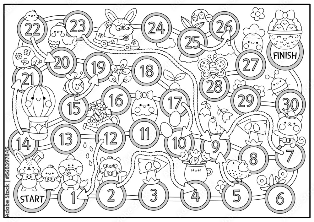 Easter black and white board game for children with funny animals going for egg hunt. Spring holiday boardgame with bunny, chick. Cute garden printable roll a dice activity or coloring page.