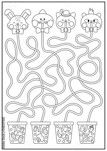 Kawaii black and white maze for kids. Preschool printable activity with cute animals drinking bubble tea with different taste. Labyrinth game or coloring page with fancy drinks with carrot, strawberry