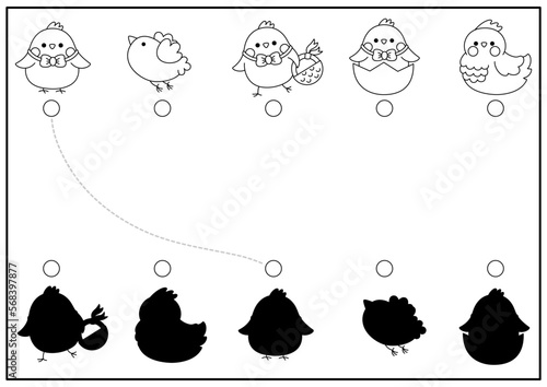Easter black and white shadow matching activity with birds. Spring holiday shape recognition puzzle with cute kawaii animals. Find correct silhouette printable worksheet. Garden coloring page.