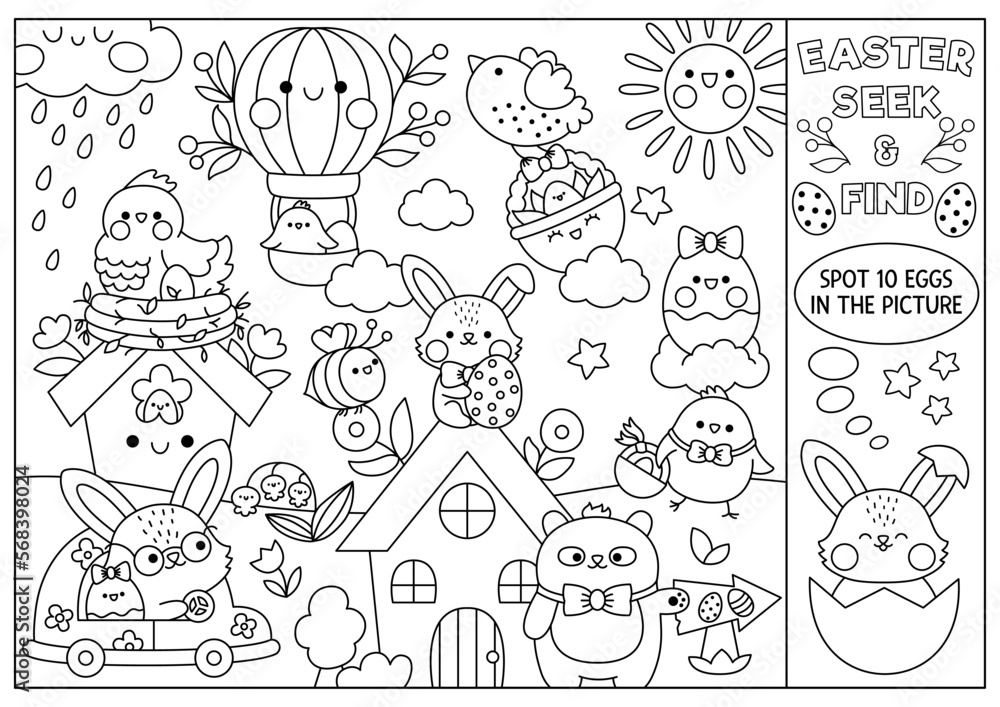 Vector black and white Easter searching game with country house and kawaii characters. Spot hidden objects. Simple spring holiday seek and find coloring page. Egg hunt activity with bunny.