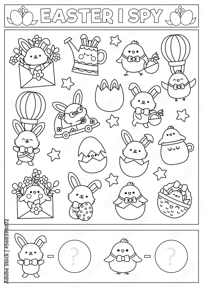 Easter black and white I spy game for kids. Searching and counting activity with cute kawaii holiday symbols. Spring printable worksheet, coloring page. Simple spotting puzzle with bunny, chick. Easter black and white I spy game for kids. Searching and counting activity with cute kawaii holiday symbols. Spring printable worksheet, coloring page. Simple spotting puzzle with bunny, chick.
