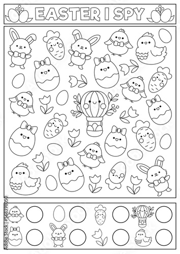 Easter black and white I spy game for kids. Searching and counting activity with cute kawaii holiday symbols. Spring printable worksheet. Simple garden spotting coloring page with bunny, eggs.