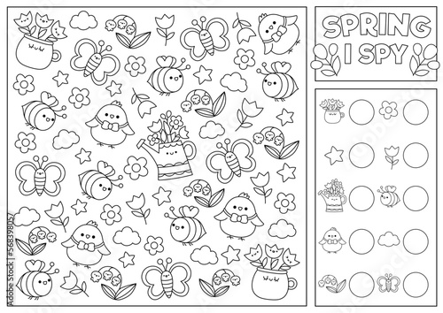 Spring or summer black and white I spy game for kids. Searching and counting activity with cute kawaii chick  bee. Garden printable worksheet  coloring page. Simple spotting puzzle with first flowers.
