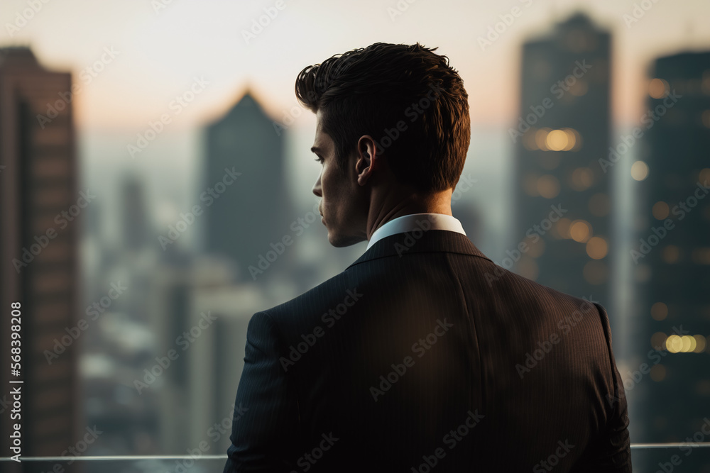 A young businessman standing on the roof of a skyscraper looks ahead, generative ai A young businessman standing on the roof of a skyscraper looks ahead, generative ai