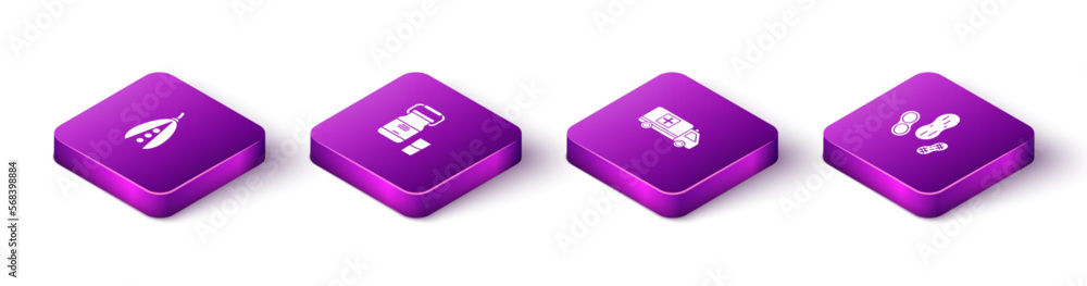 Set Isometric Kidney beans, Can container for milk, Emergency car and Peanut icon. Vector Set Isometric Kidney beans, Can container for milk, Emergency car and Peanut icon. Vector