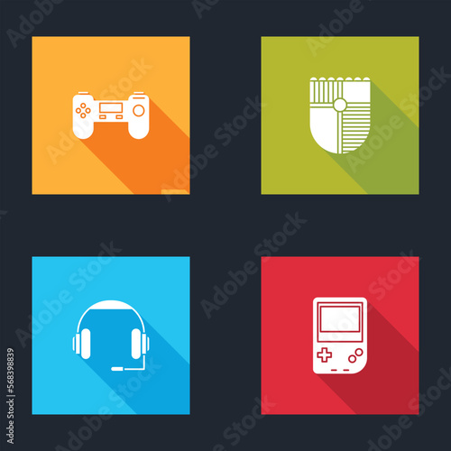 Set Gamepad, Shield for game, Headphones and Portable video console icon. Vector