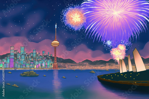 Hong Kong's Victoria Harbor hosts New Year's fireworks. Generative AI