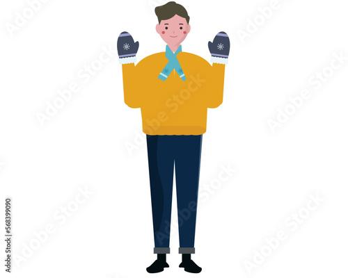 冬に防寒対策をする笑顔の男性。ほのぼの人物。ベクターイラスト