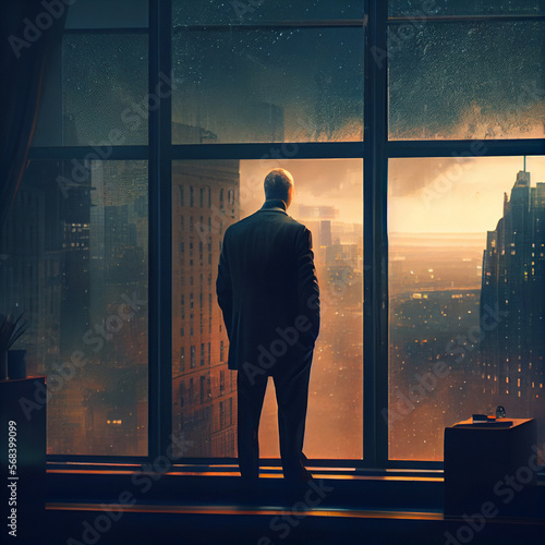 A businessman standing near a huge window in his office against the backdrop of skyscrapers.