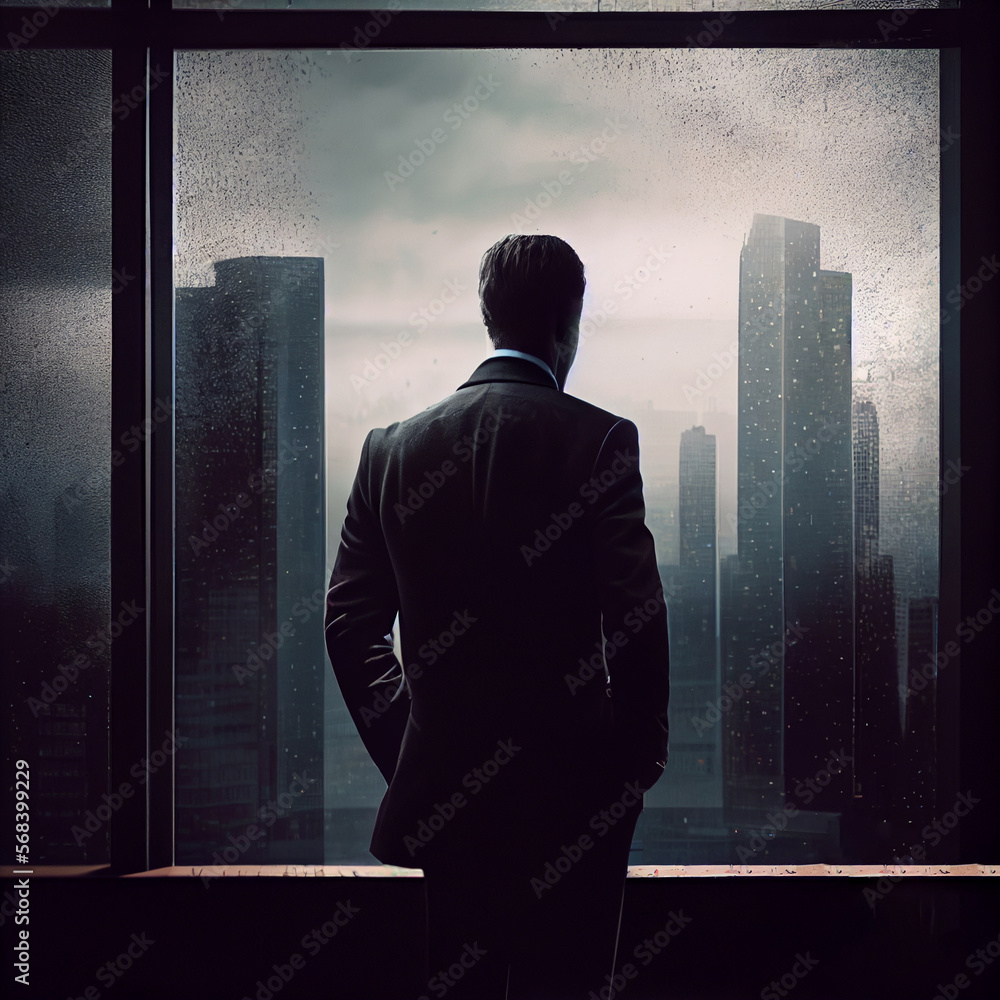 Fototapeta premium A businessman standing near a huge window in his office against the backdrop of skyscrapers.