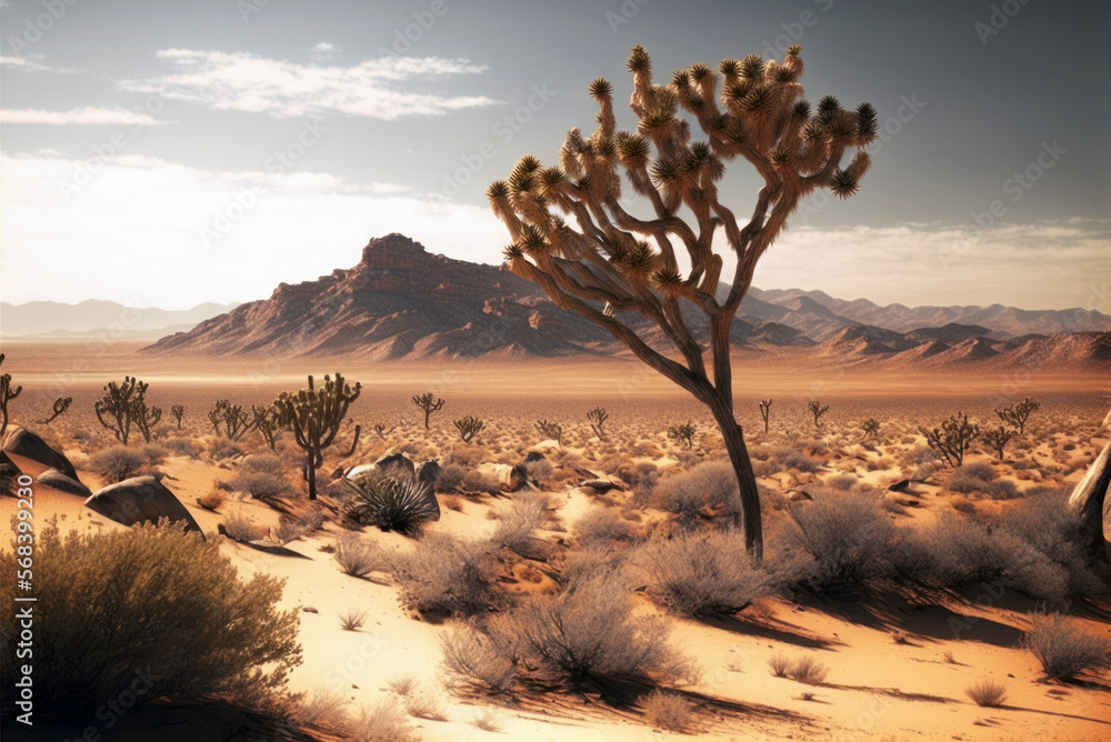 Sand dunes in desert landscape, desert cacti. Generative AI