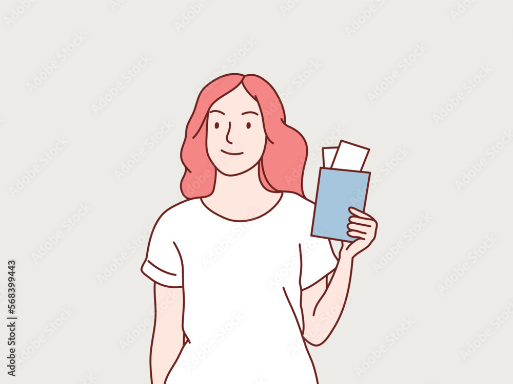 Portrait of a happy young woman holding travel tickets and passport simple korean style illustration Portrait of a happy young woman holding travel tickets and passport simple korean style illustration