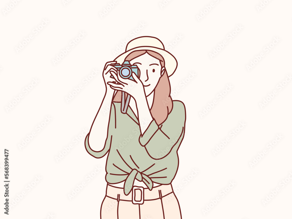 smiling Woman wear hat photographer is taking images photo with dslr camera simple korean style illustration smiling Woman wear hat photographer is taking images photo with dslr camera simple korean style illustration