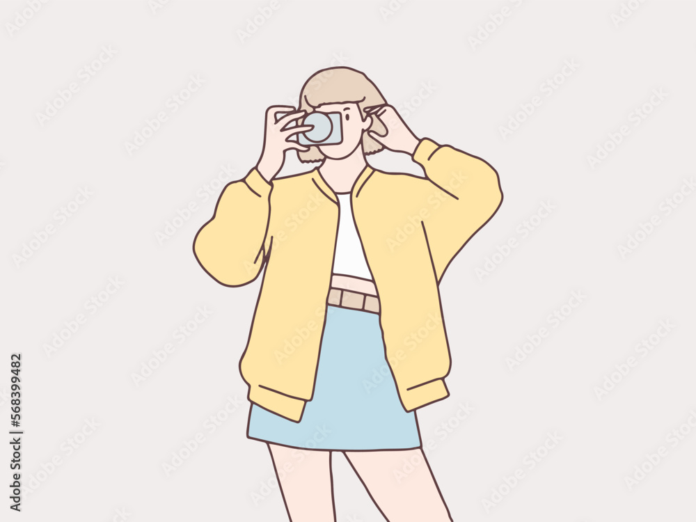 Stylish girl with camera simple korean style illustration Stylish girl with camera simple korean style illustration