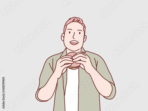 Happy man eat burger korean style illustration