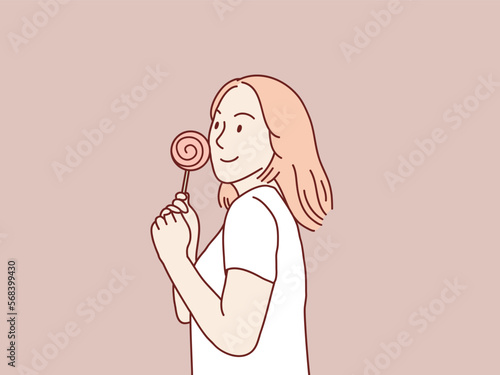 Happy young woman hold lolipop korean illustration style