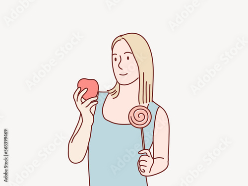 Smiling woman holding lolipop and apple in each hand simple korean style illustration