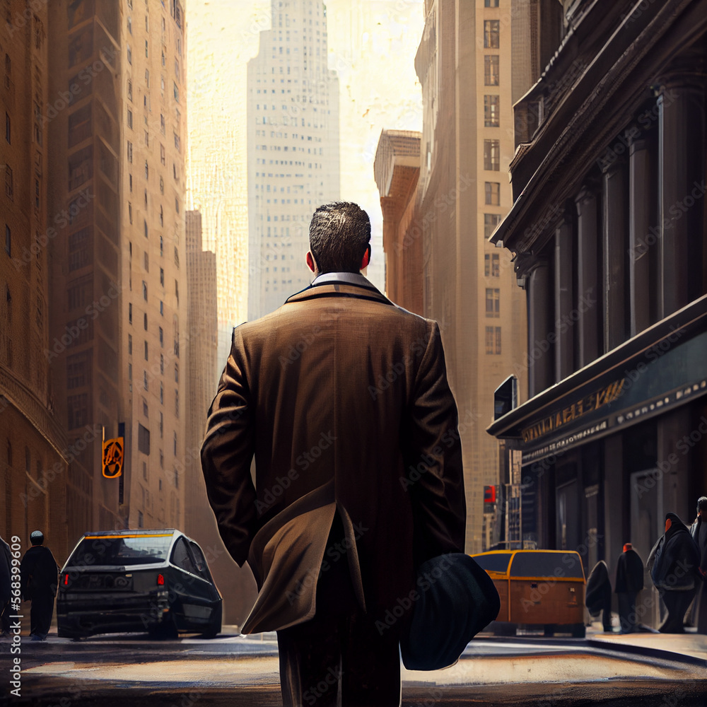 businessman on the street in new york among of skyscrapers.