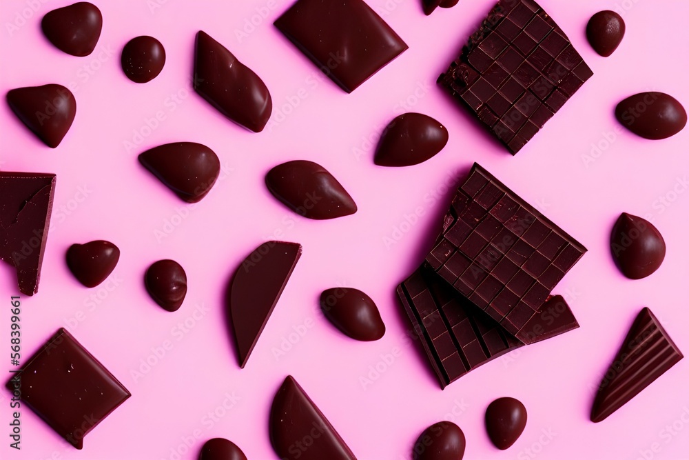 Fototapeta premium Flying delicious dark chocolate in the air on pastel pink background. high resolution image - generative ai