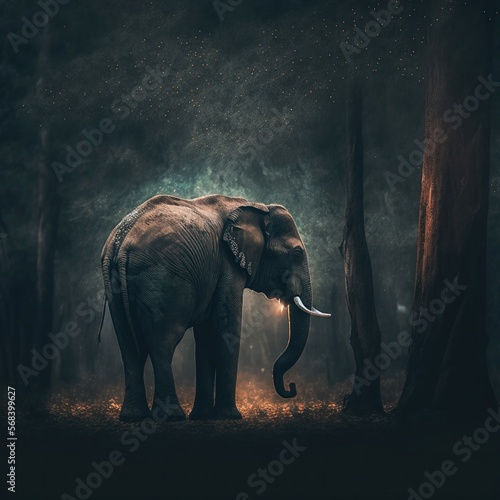 Elefant in seinem natürlichen Lebensraum, moody, Wildtier Portrait, magisches Bokeh erstellt durch generative AI 