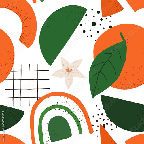 Abstract seamless pattern with oranges and geometric shapes. Vector illustration.