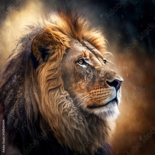 Löwe in seinem natürlichen Lebensraum, moody, Wildtier Portrait, magisches Bokeh erstellt durch generative AI