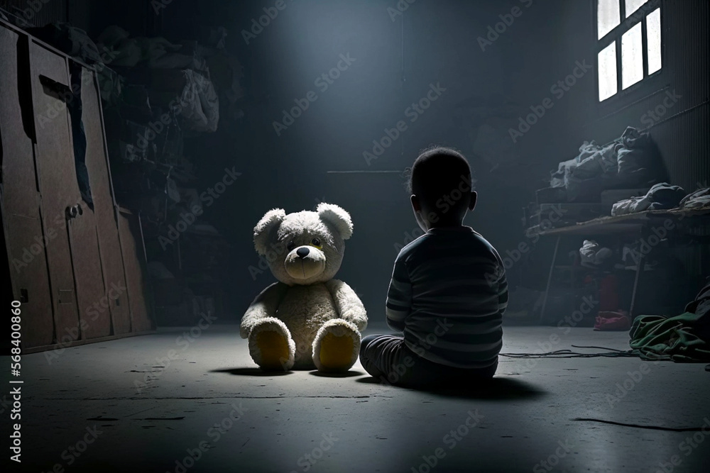 Young boy and his teddy bear are sitting on the floor of a dark, abandoned room. Mysterious, scary place. No love, poverty, fear, child loneliness concept. Ai llustration, digital art. - obrazy, fototapety, plakaty 
