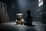 Young boy and his teddy bear are sitting on the floor of a dark, abandoned room. Mysterious, scary place. No love, poverty, fear, child loneliness concept. Ai llustration, digital art.