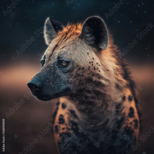Hyäne in seinem natürlichen Lebensraum, moody, Wildtier Portrait, magisches Bokeh erstellt durch generative AI