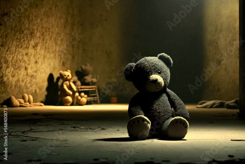 A teddy bear sitting on the floor of a dark, abandoned room. Mysterious, scary place. No love, poverty, fear, child loneliness  - concept. Ai llustration, fantasy digital, artificial intelligence