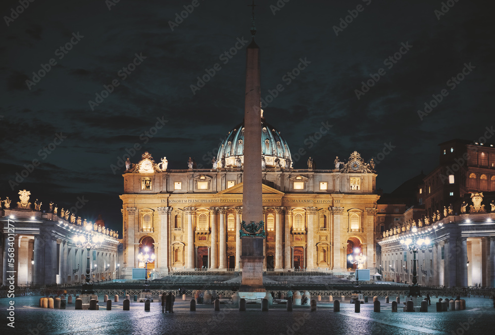 Naklejka premium Vatican City (Holy See. Way to St. Peter's Basil cathedral on Saint Square. Nighttime, blue hour with night sky and street lamps illumination. Rome, Italy. Famous travel destination touristic landmark