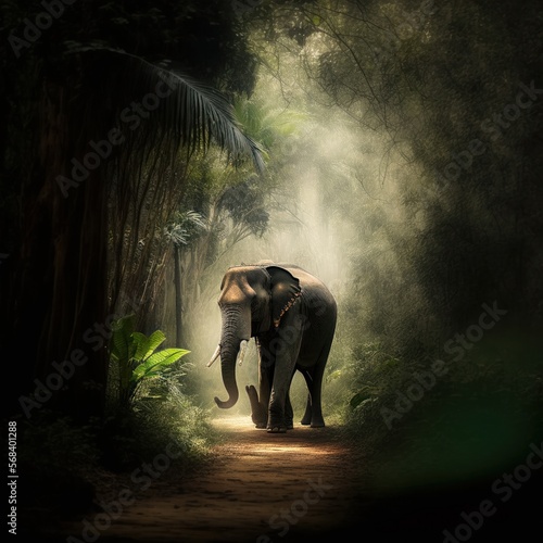 Elefant in seinem natürlichen Lebensraum, moody, Wildtier Portrait, magisches Bokeh
erstellt durch generative AI