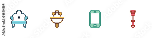 Set Sofa, Washbasin, Mobile phone and Spatula icon. Vector