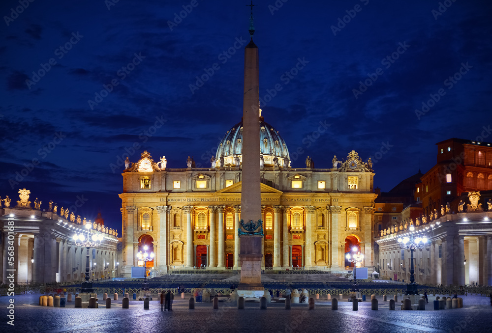 Vatican City (Holy See. St. Peter's Basil cathedral on Saint Square. Nighttime, blue hour with night sky and street lamps illumination. Rome, Italy. Famous travel destination touristic landmark