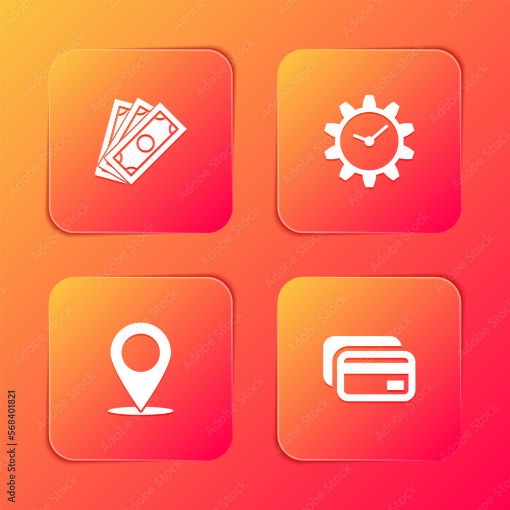 Set Stacks paper money cash, Time Management, Map pin and Credit card icon. Vector