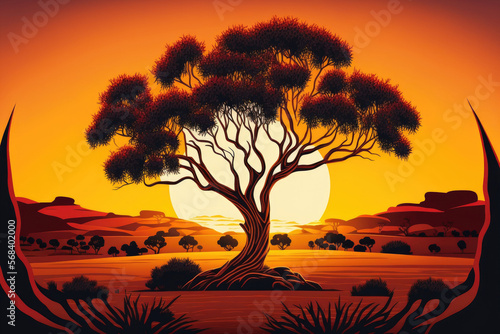 With shrubs and a tree in the background and the warm hues of a genuine Outback sunset, the sun sets over a stunning Australian outback environment. Generative AI photo